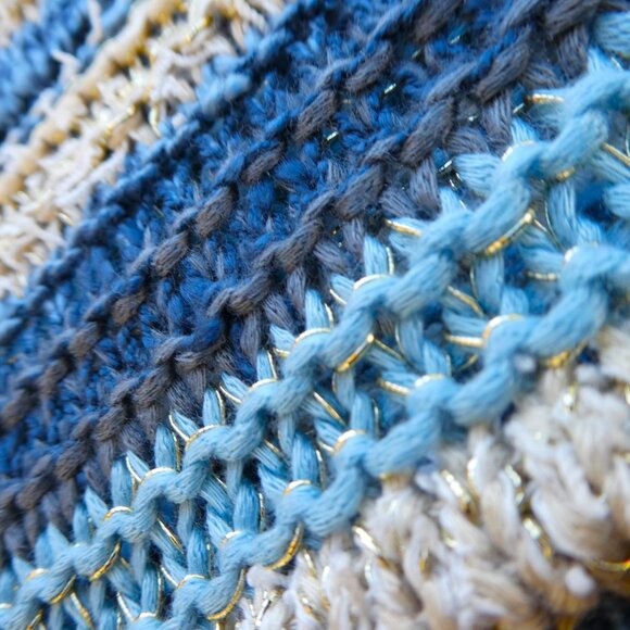 Lovestitch Long Cardigan Open Front OOAK Striped Blue Gold Metallic Drop Sleeve - Picture 3 of 12